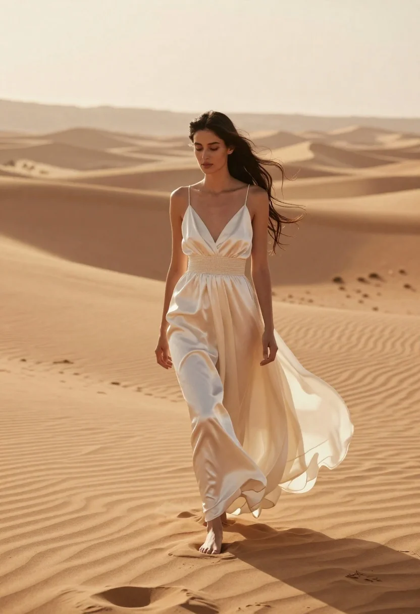 Woman walking on sand dunes at golden hour