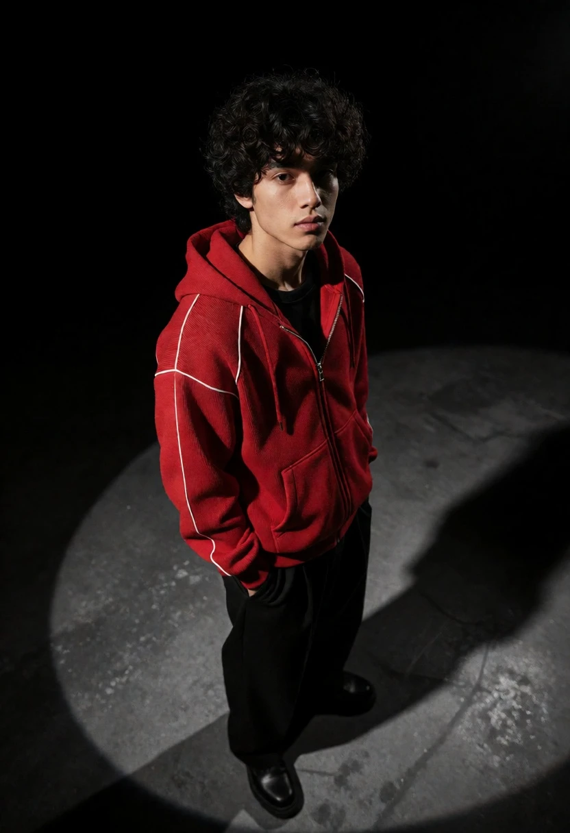 Young man in red hoodie standing under dramatic spotlight against black void - AI generated image prompt sample