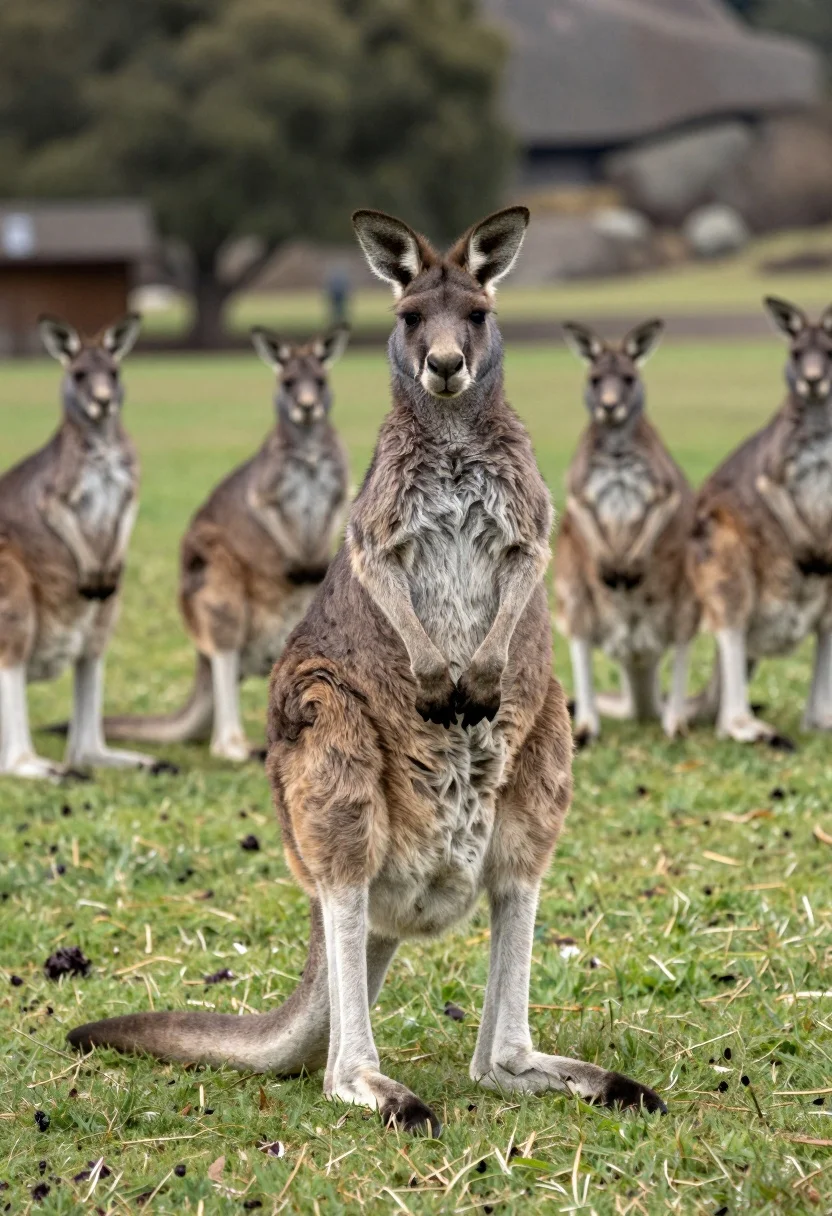 Large kangaroo standing upright in grassy field with blurred background group - AI generated image prompt sample