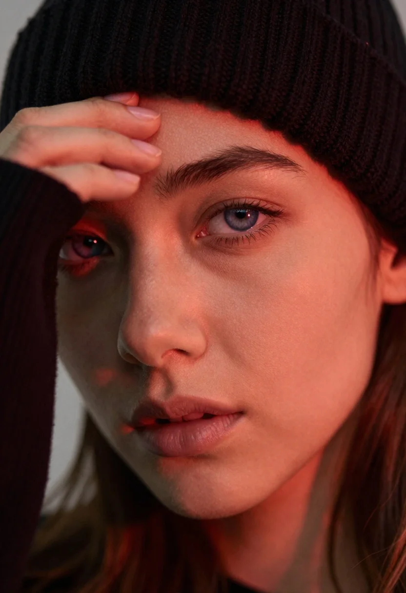 Close up portrait of womans eye in warm red light