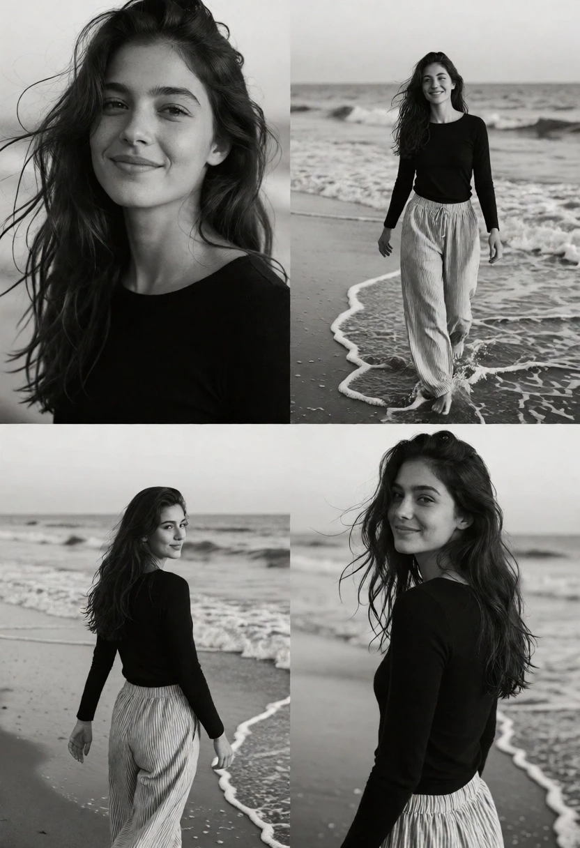 Black and white collage of young woman on beach showing movement and - AI generated image prompt sample