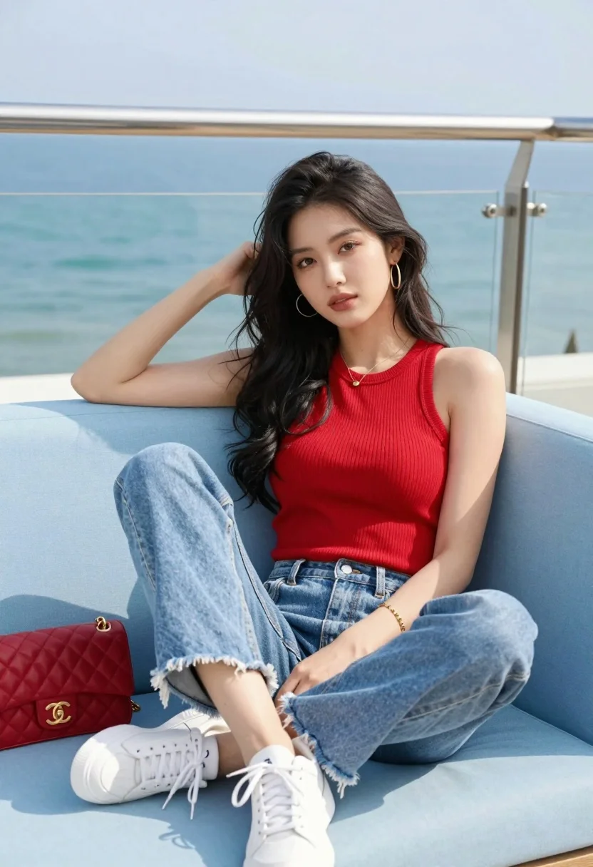 Young woman with dark hair sitting on blue sofa overlooking bright ocean - AI generated image prompt sample