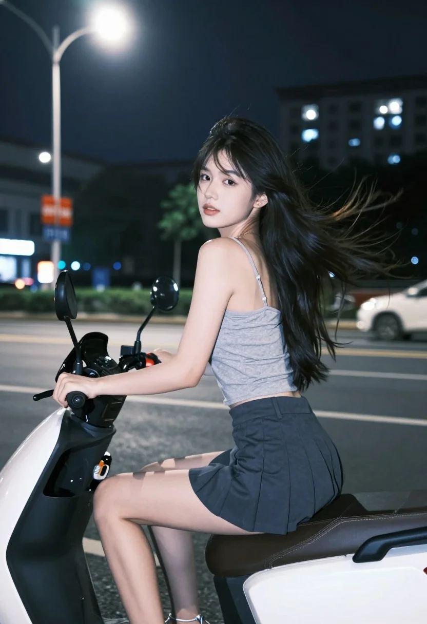 Young woman on electric scooter looking back through city street at night - AI generated image prompt sample