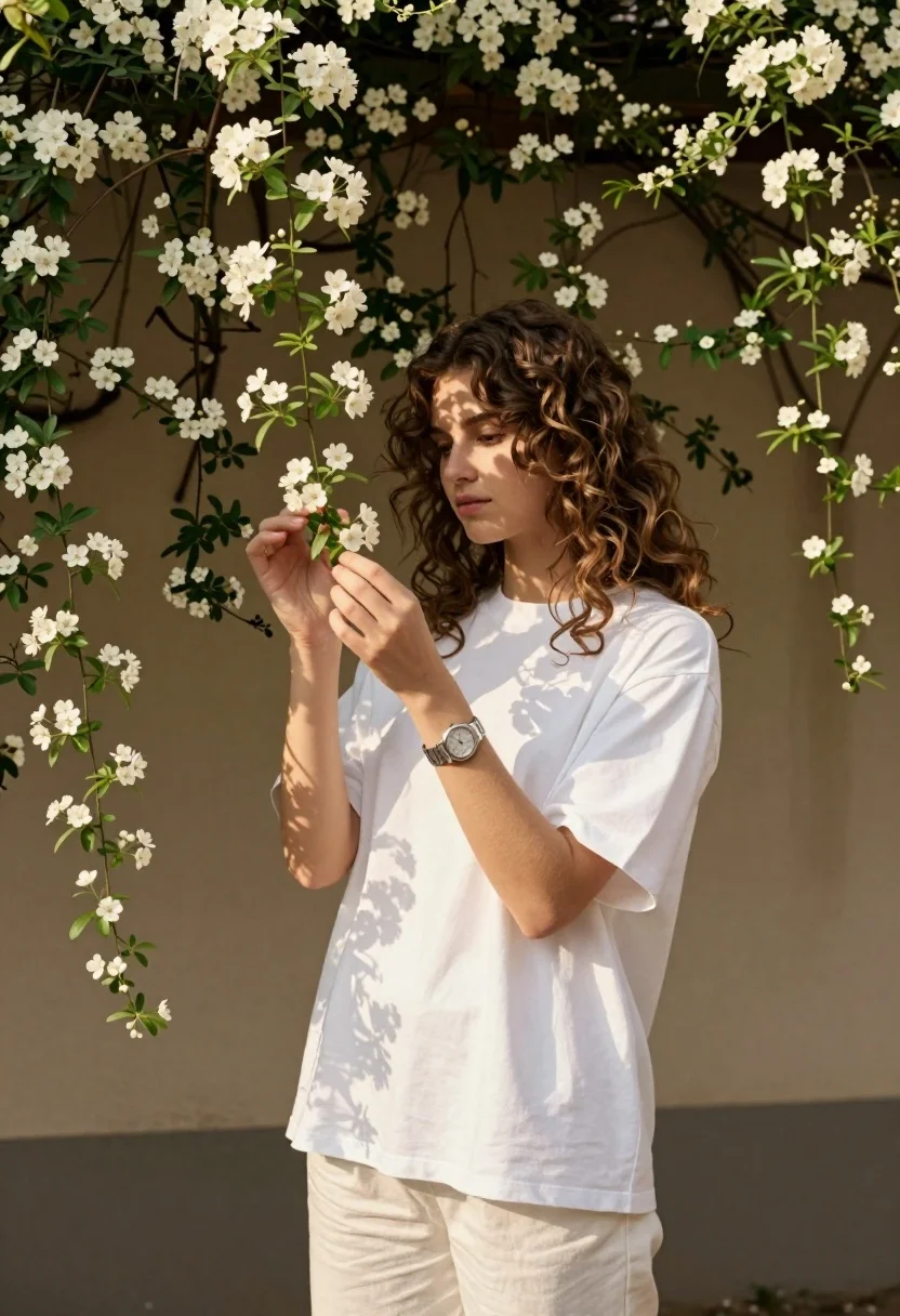 Young woman with brown hair holding flowers against a textured white wall - AI generated image prompt sample