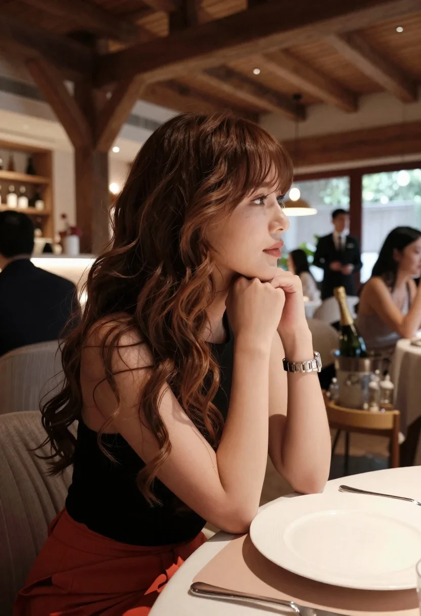 Profile portrait of woman at dining table in upscale restaurant setting