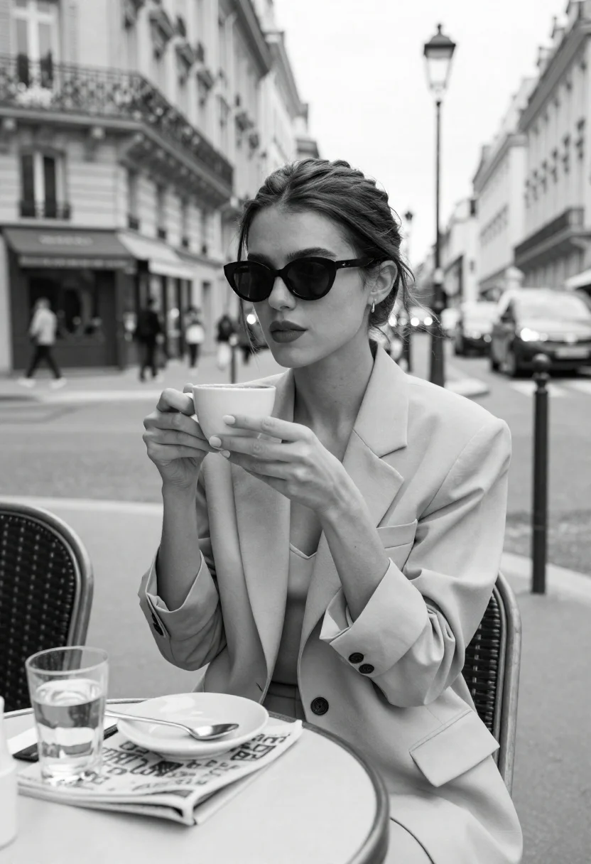 Stylish woman at outdoor cafe table in paris