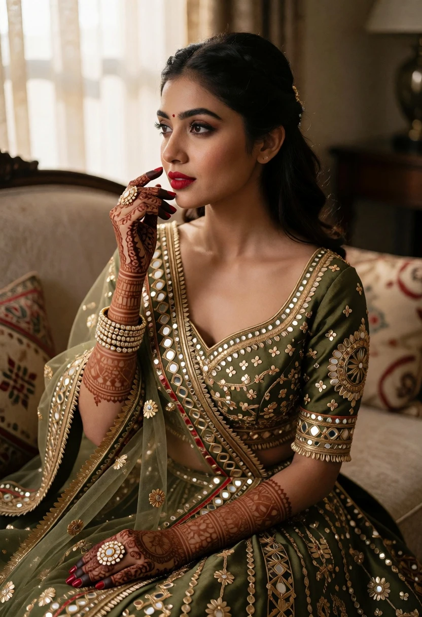 Young woman in olive green bridal lehenga sitting indoors with natural light - AI generated image prompt sample