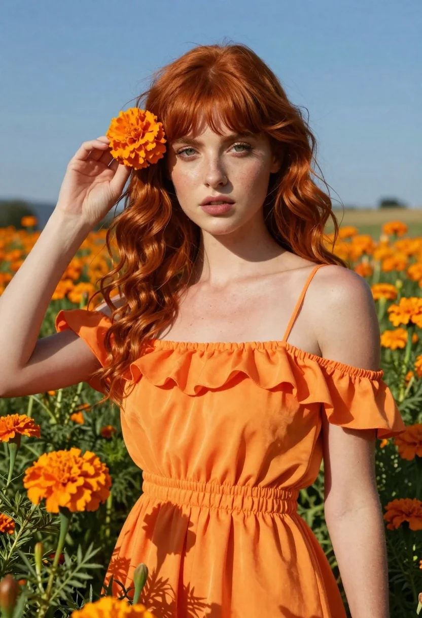 Woman in orange dress among marigolds under blue sky - AI generated image prompt sample