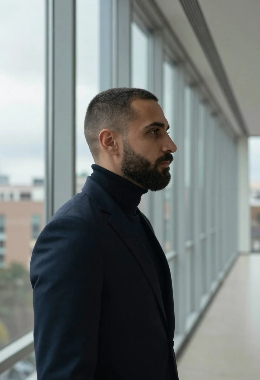 Man in profile looking out window with reflection