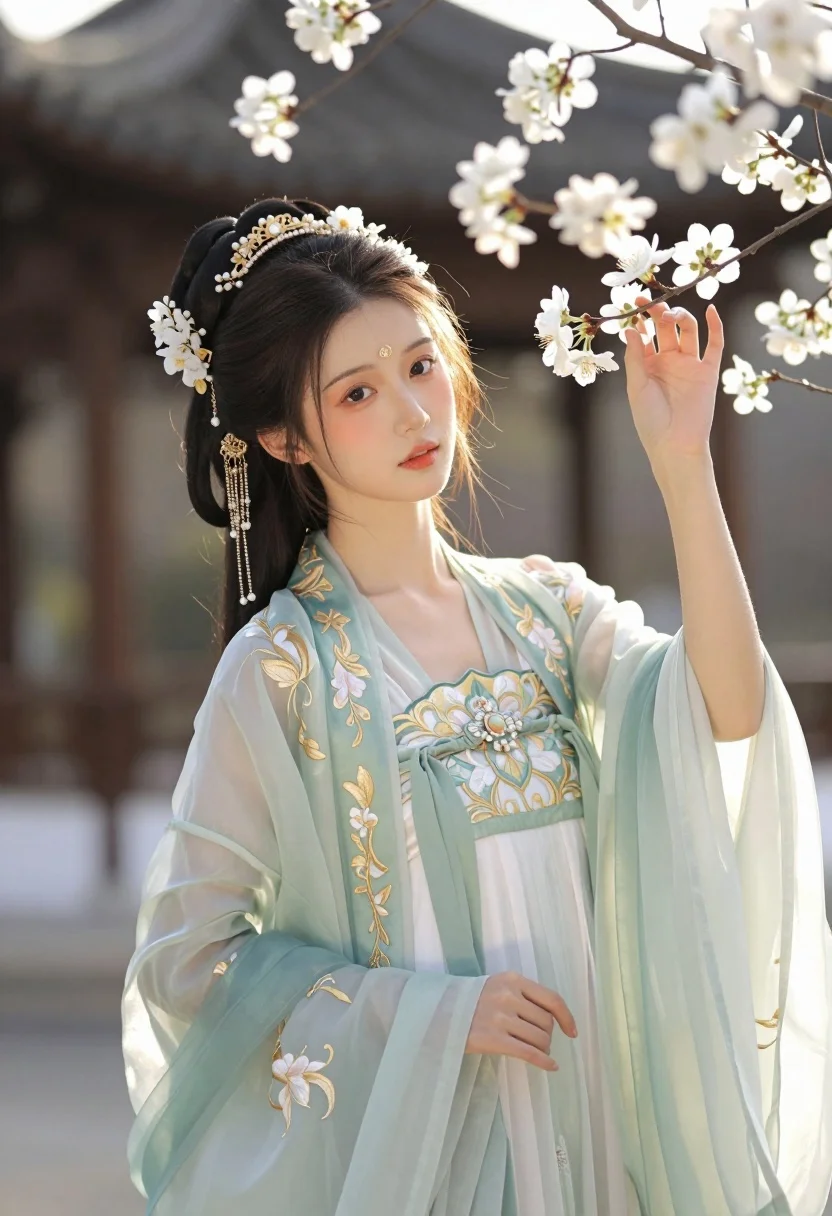 East asian woman in mint green hanfu gown near blossoming tree at - AI generated image prompt sample