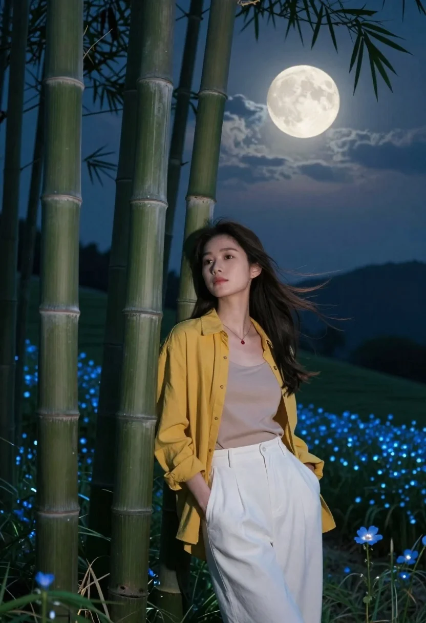 Young woman in mustard shirt leaning against bamboo under full moon - AI generated image prompt sample