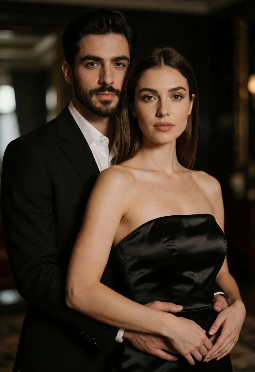 Formal portrait of couple embracing in an elegant dimly lit interior setting - AI generated image prompt sample
