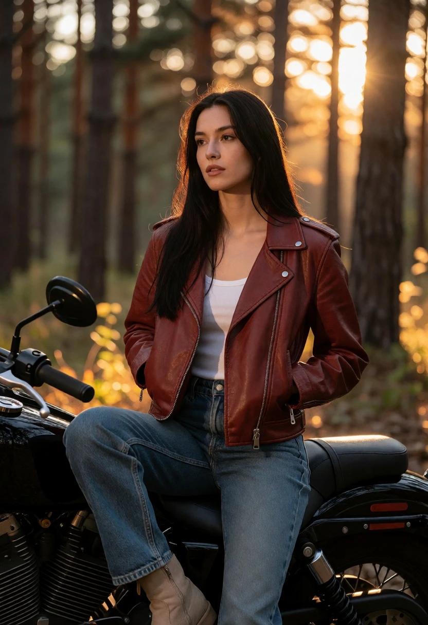 Young woman on black motorcycle in sundappled forest at golden hour - AI generated image prompt sample