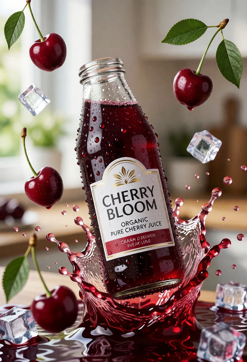 Close up product shot of cherry juice bottle with dynamic splash - AI generated image prompt sample