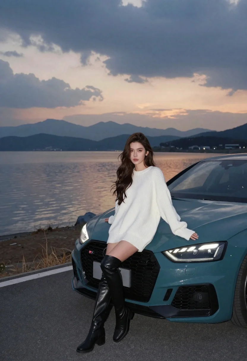 Woman leaning on teal audi by lake at dusk