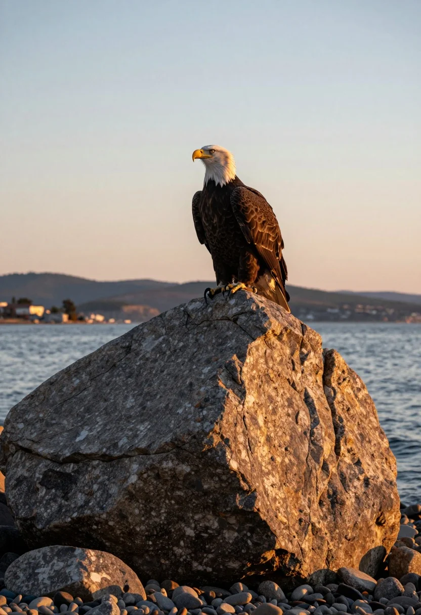 Majestic bald eagle perched on massive boulder at rocky shoreline sunset - AI generated image prompt sample