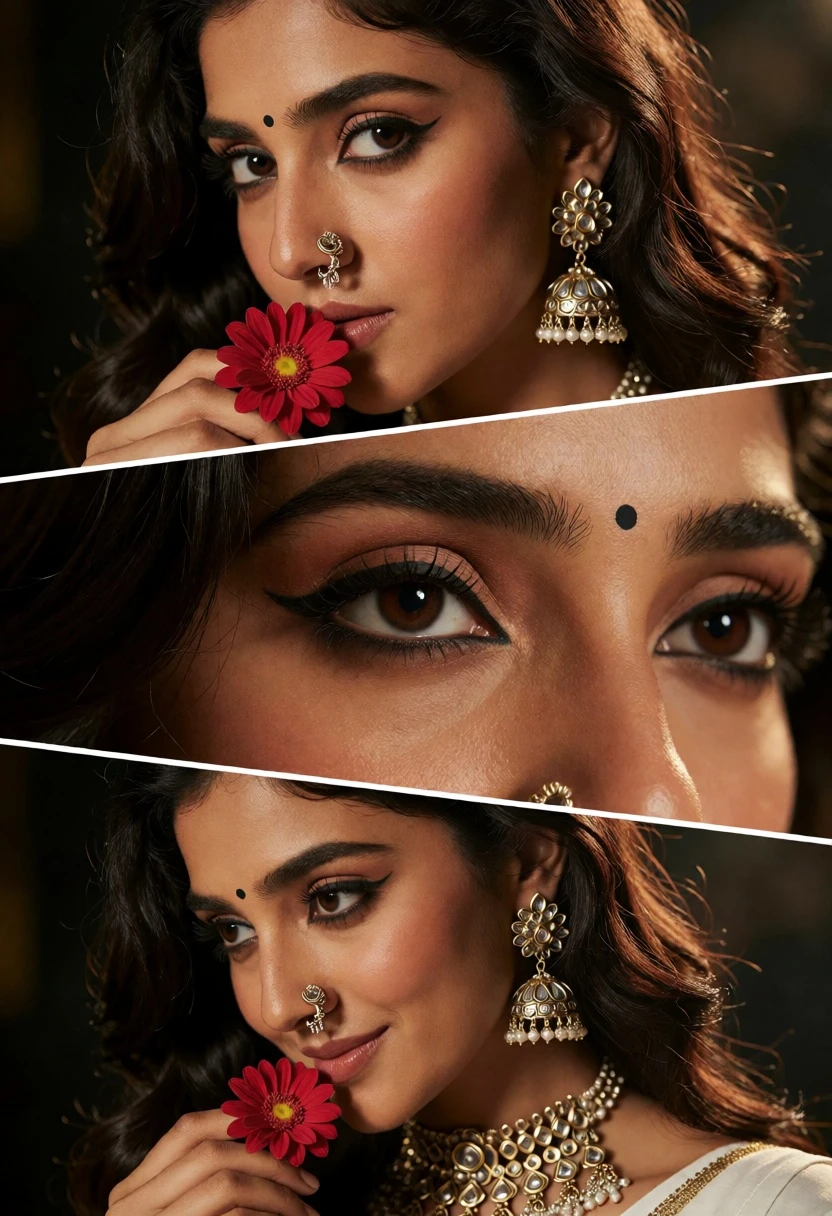 Triptych portrait of woman with dark hair and ornate traditional indian jewelry - AI generated image prompt sample