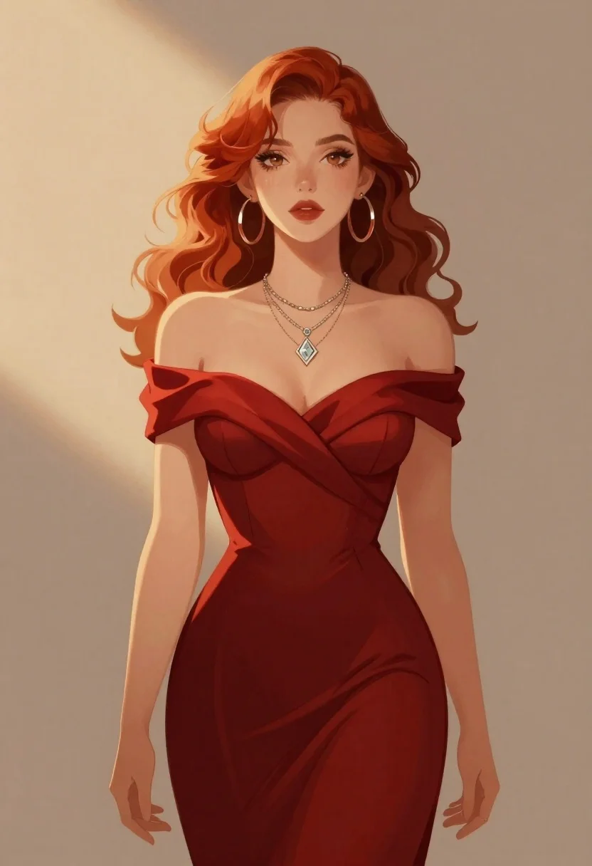 Woman with red hair in deep red gown under golden light - AI generated image prompt sample
