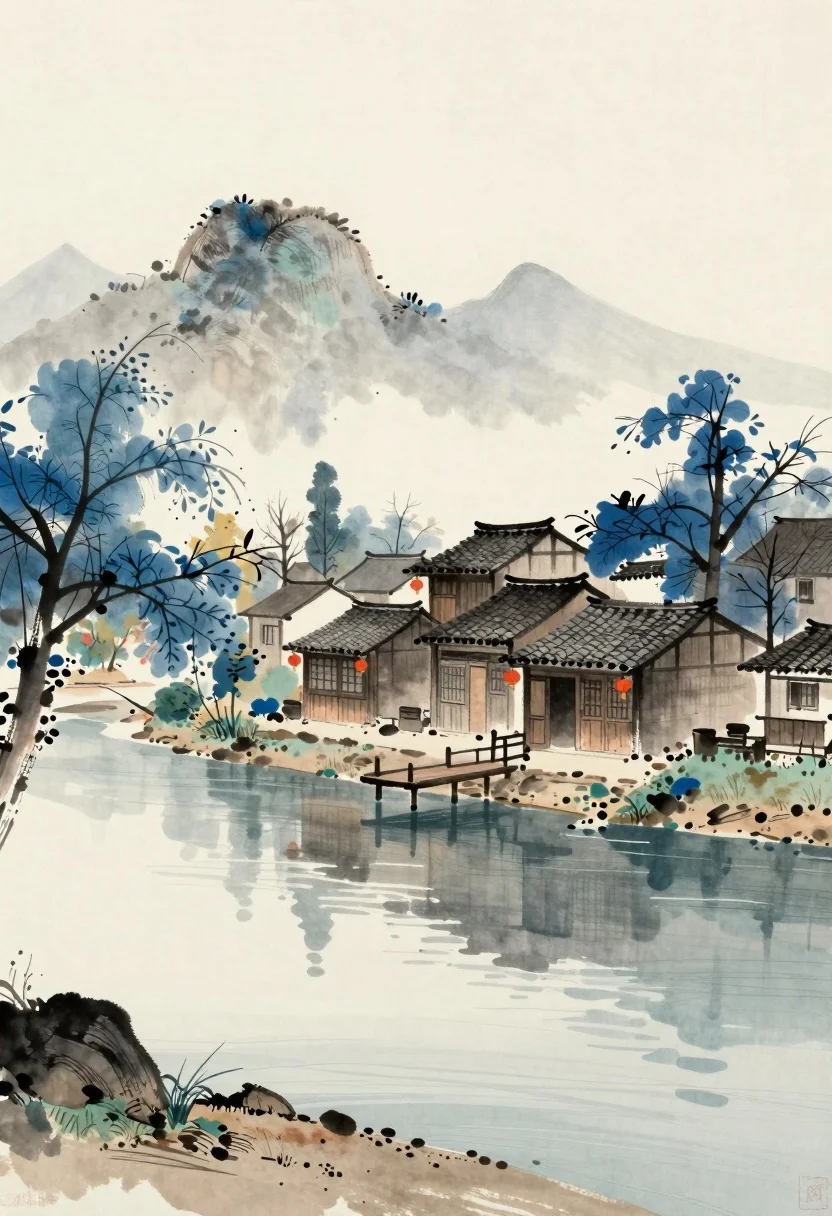 Watercolor landscape of traditional riverside village with blue trees - AI generated image prompt sample