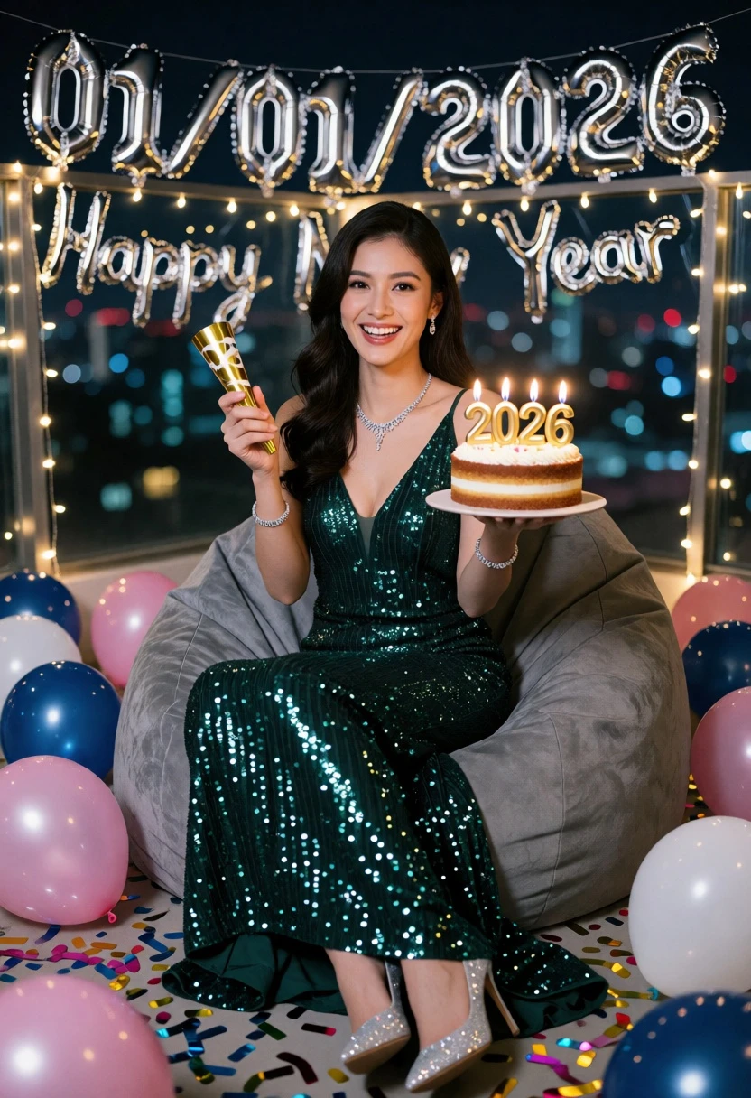 Smiling woman on rooftop holding cake and party popper at new year - AI generated image prompt sample