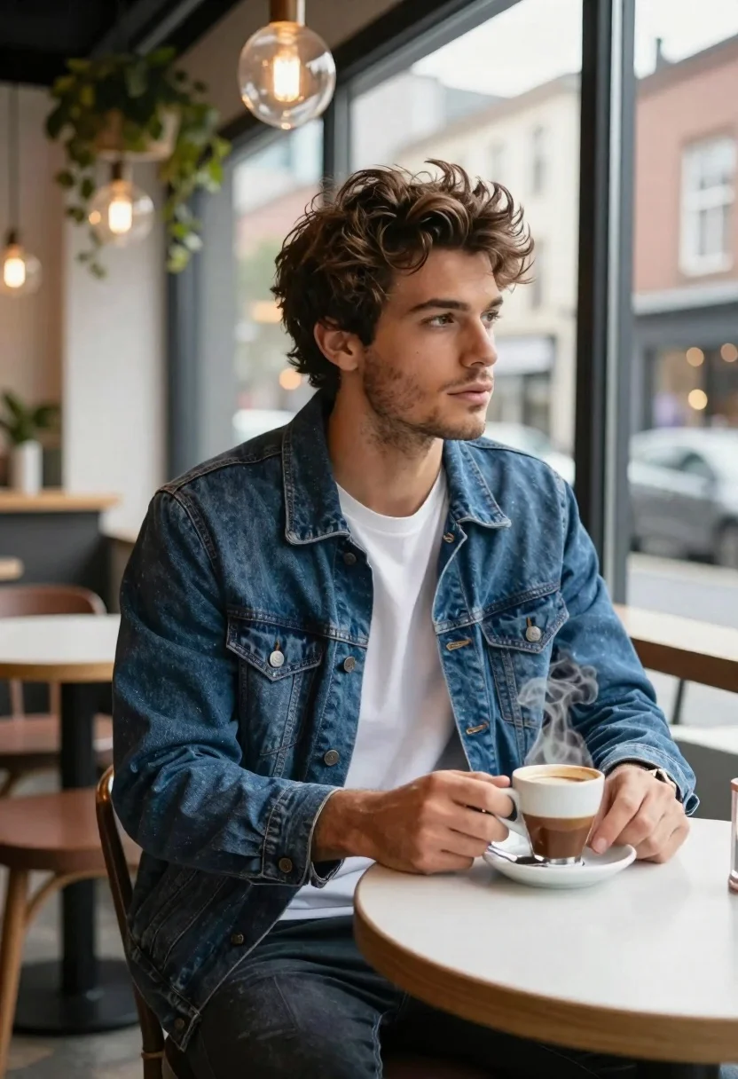 Young man in cafe looking out at city view