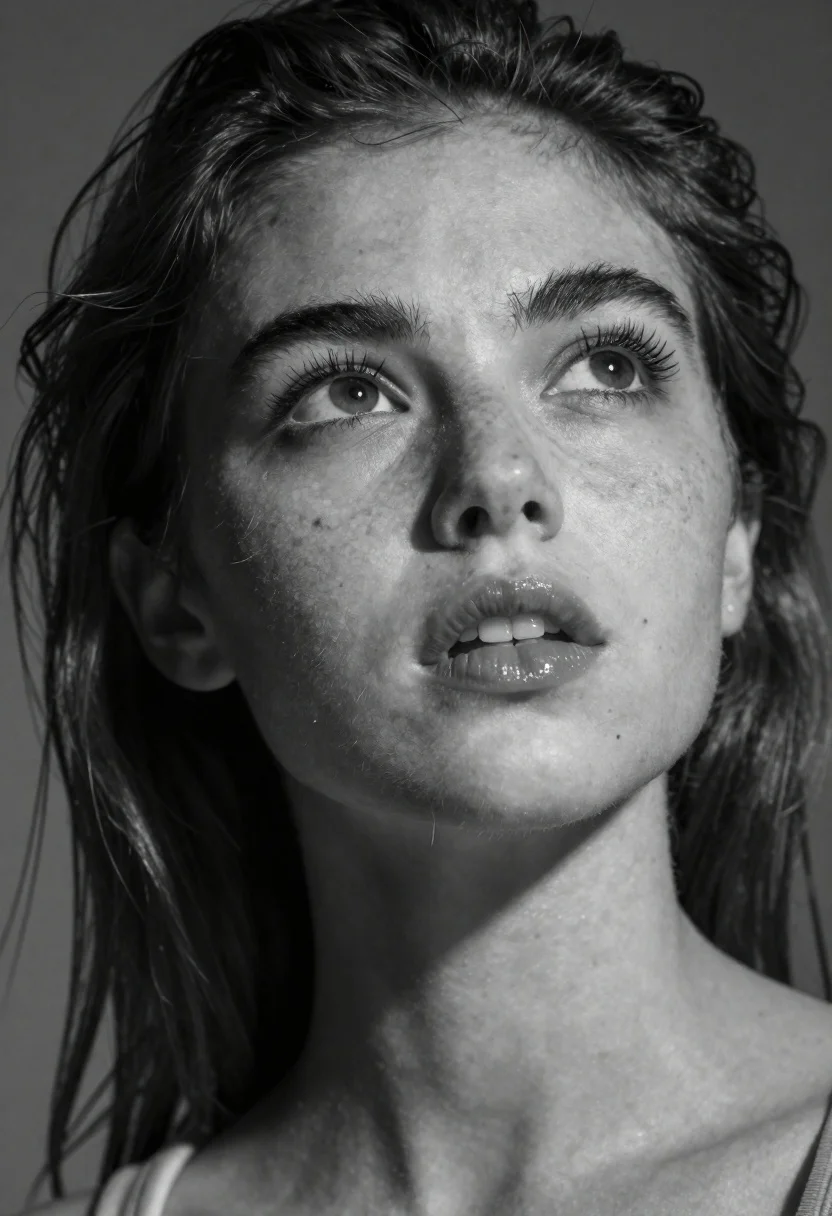 Monochrome portrait of young woman gazing upward - AI generated image prompt sample