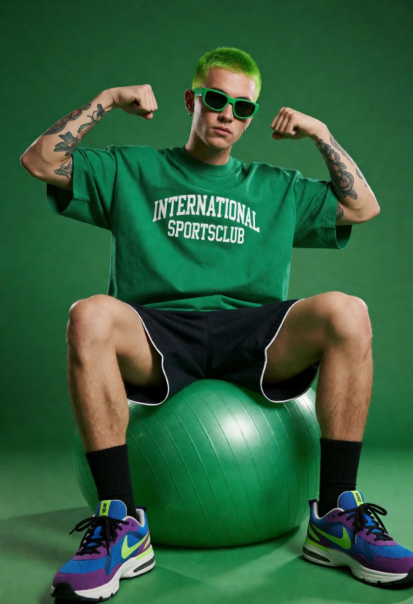 Young man with green hair flexing on exercise ball in studio setting - AI generated image prompt sample
