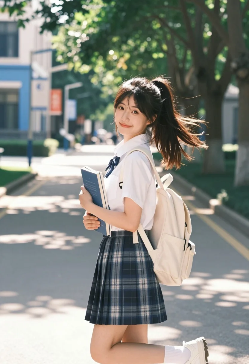 Young east asian student in plaid skirt holding books on sunny campus - AI generated image prompt sample