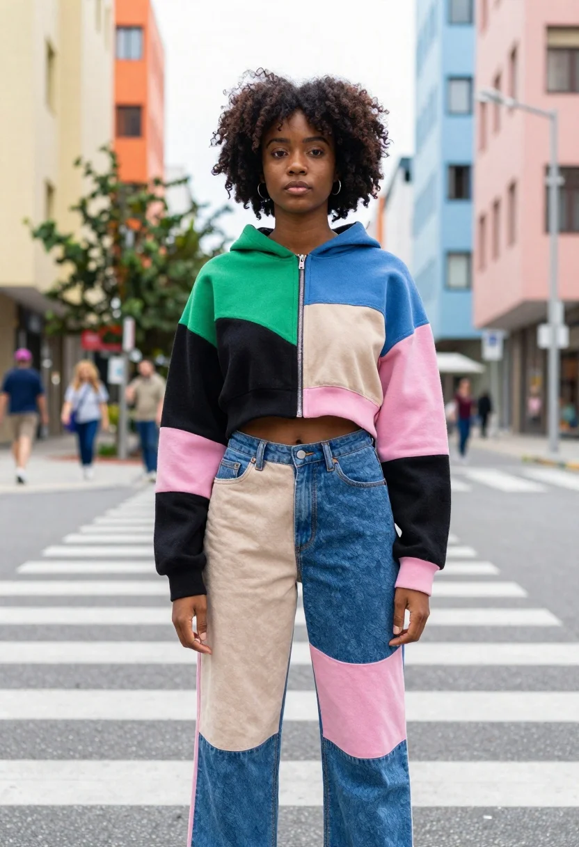 Black woman in patchwork hoodie on urban crosswalk