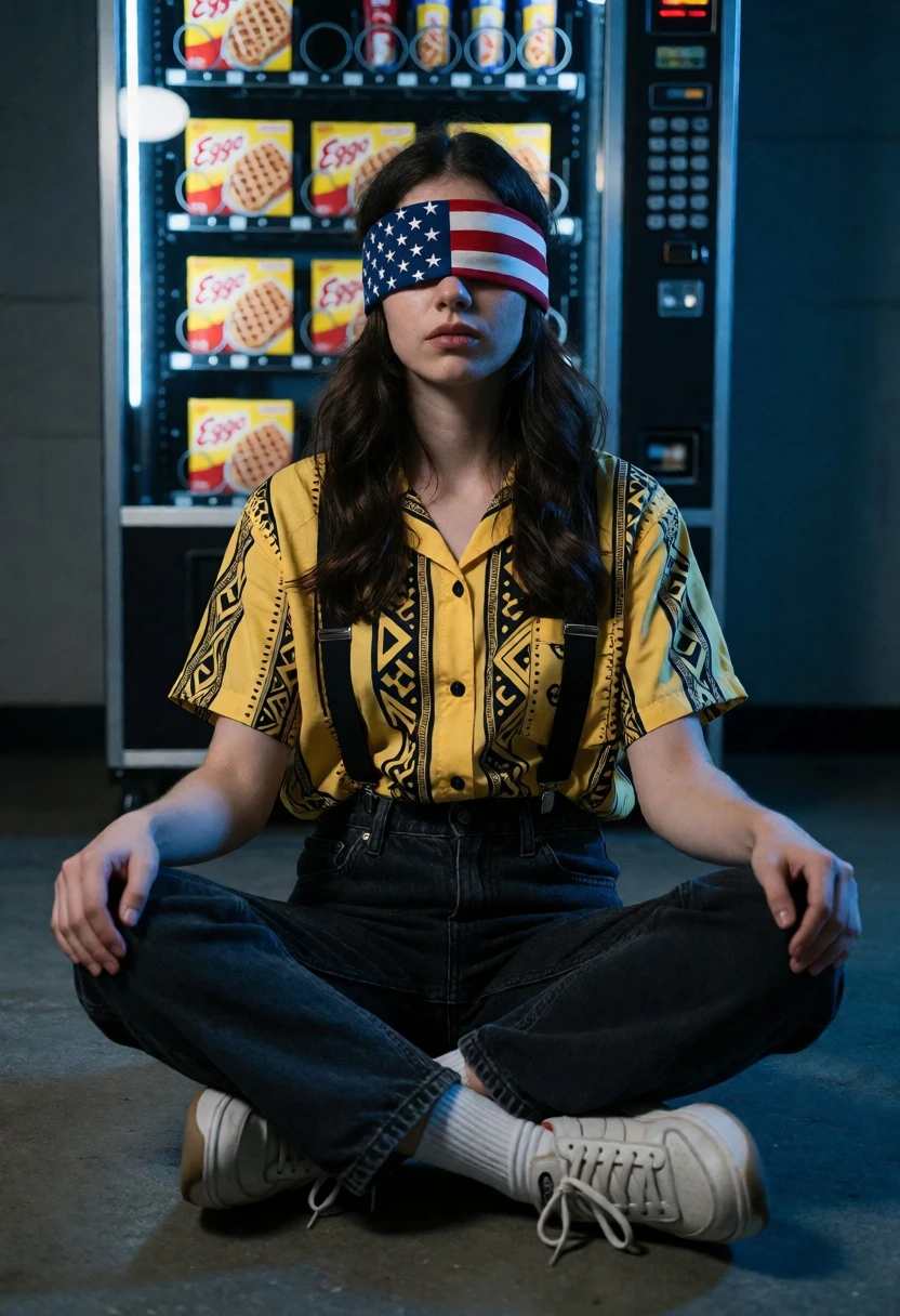 Young woman in yellow shirt sitting near vending machine indoors - AI generated image prompt sample