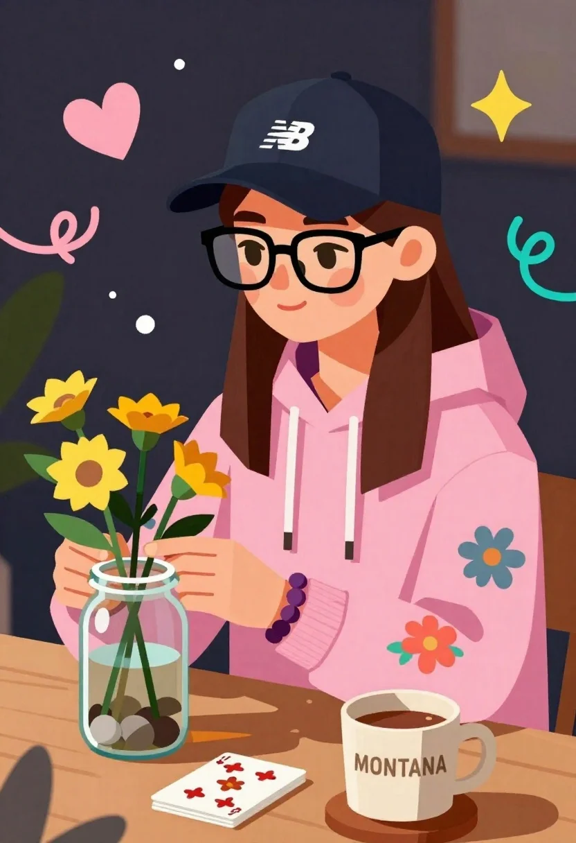 Young woman arranging yellow flowers in a glass jar at a wooden - AI generated image prompt sample