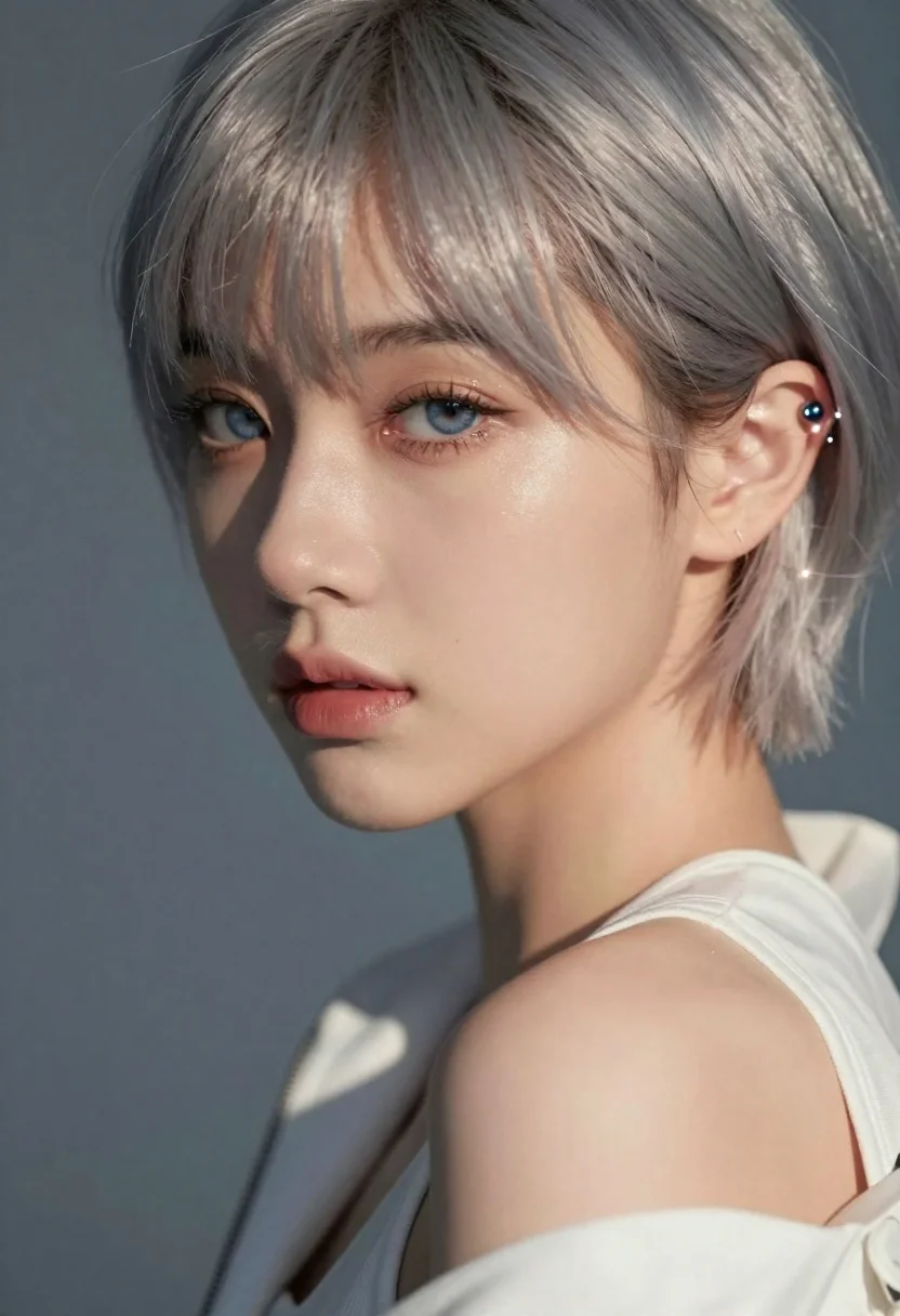 Close up portrait of woman with silver hair and blue eyes - AI generated image prompt sample