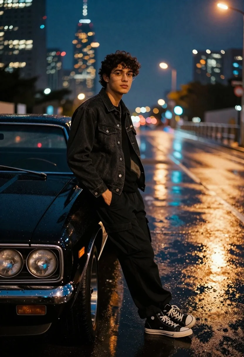 Young man leaning against black muscle car on wet city street at - AI generated image prompt sample