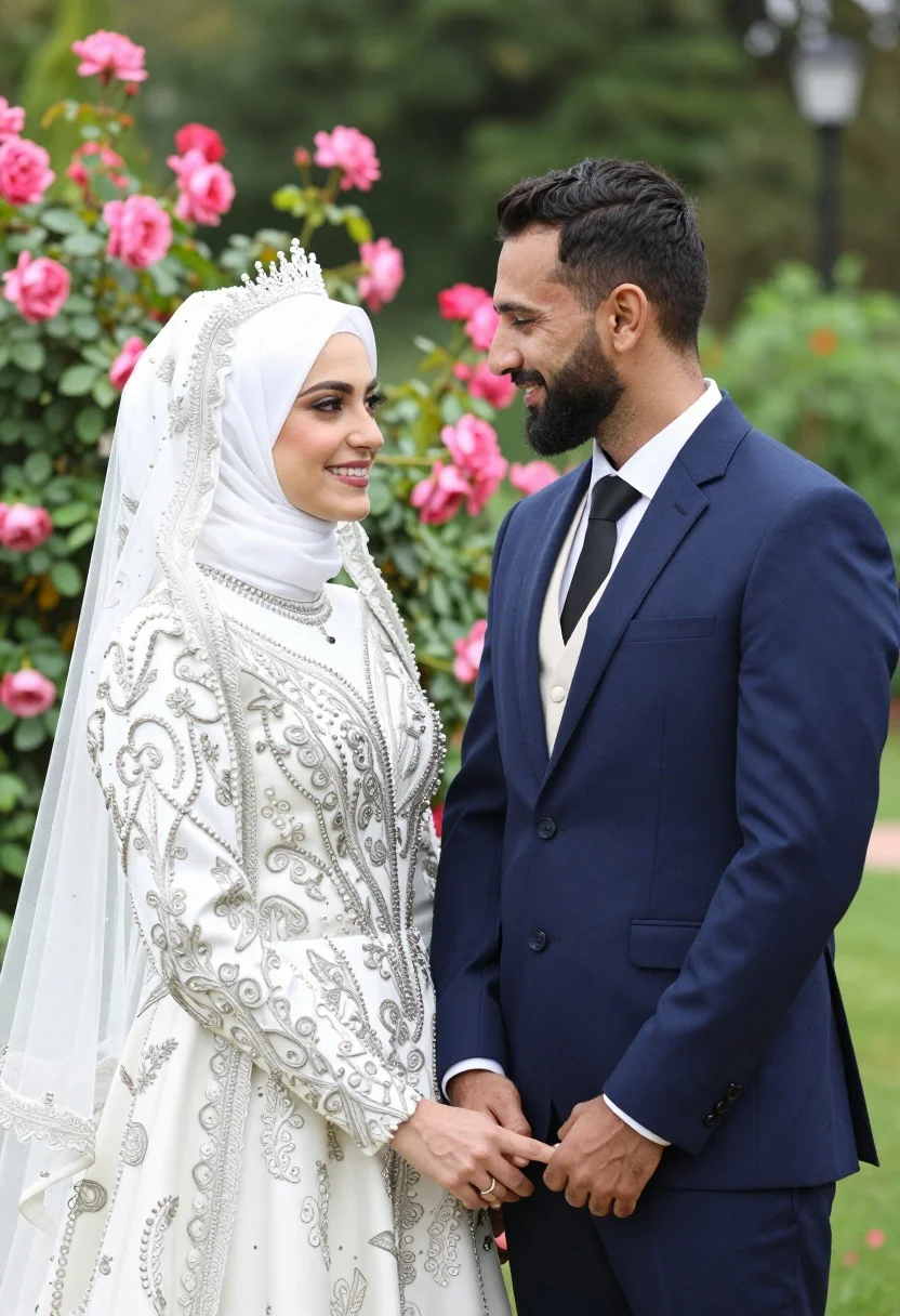Smiling bride in white hijab and groom in navy suit holding hands - AI generated image prompt sample