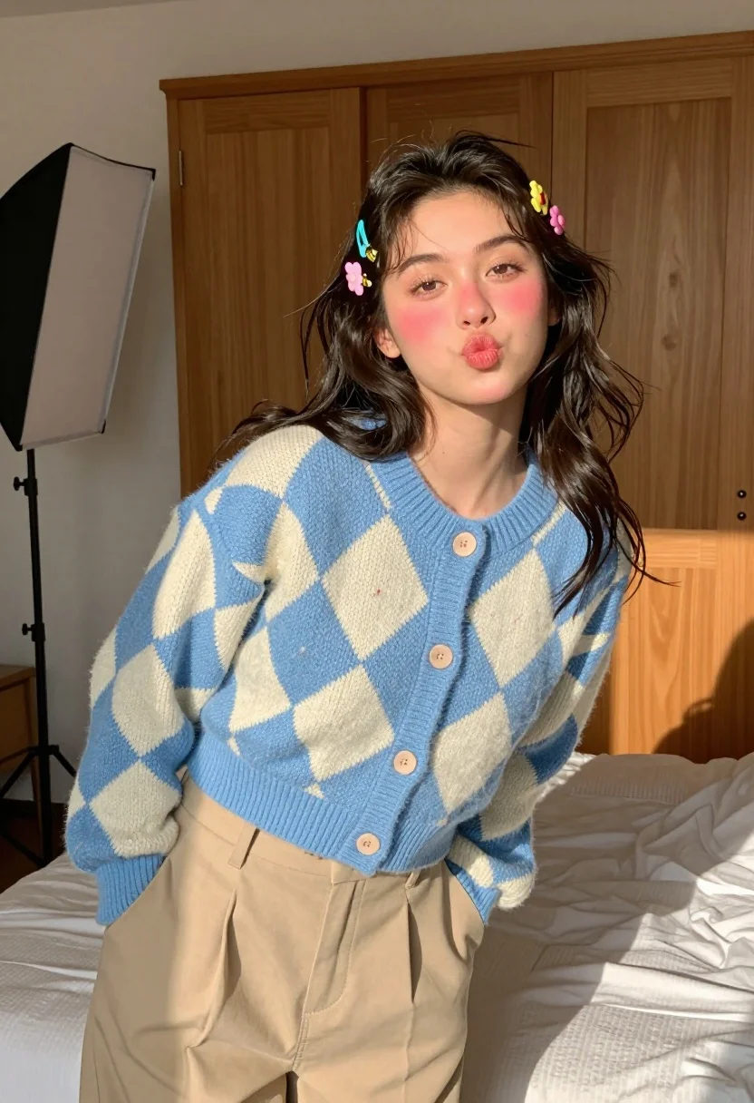 Young woman with dark hair in blue cardigan posing playfully in cozy - AI generated image prompt sample