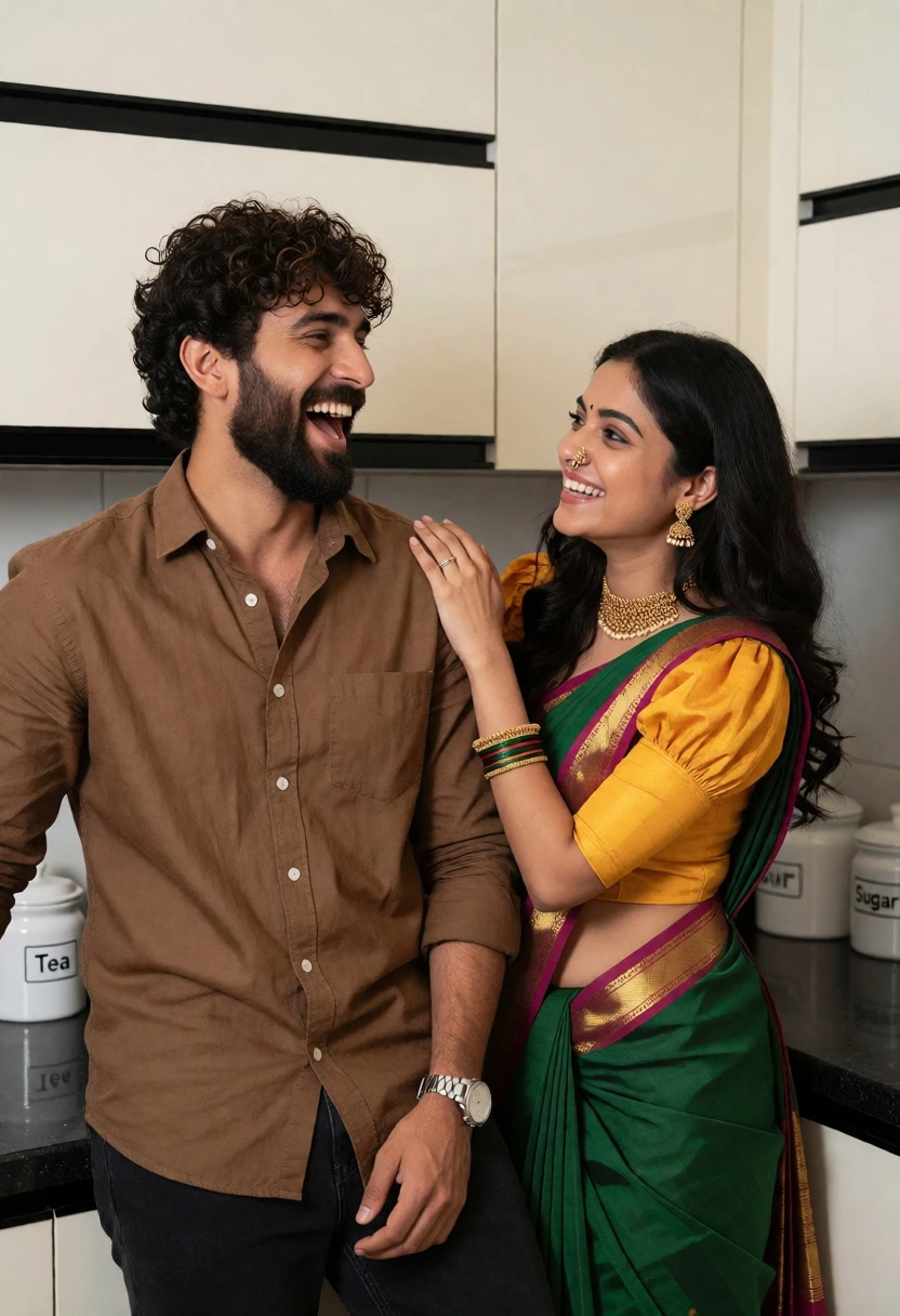 Joyful moment between couple in modern kitchen setting - AI generated image prompt sample