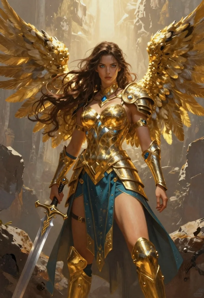 Female warrior angel in gold armor on rocky cliff - AI generated image prompt sample