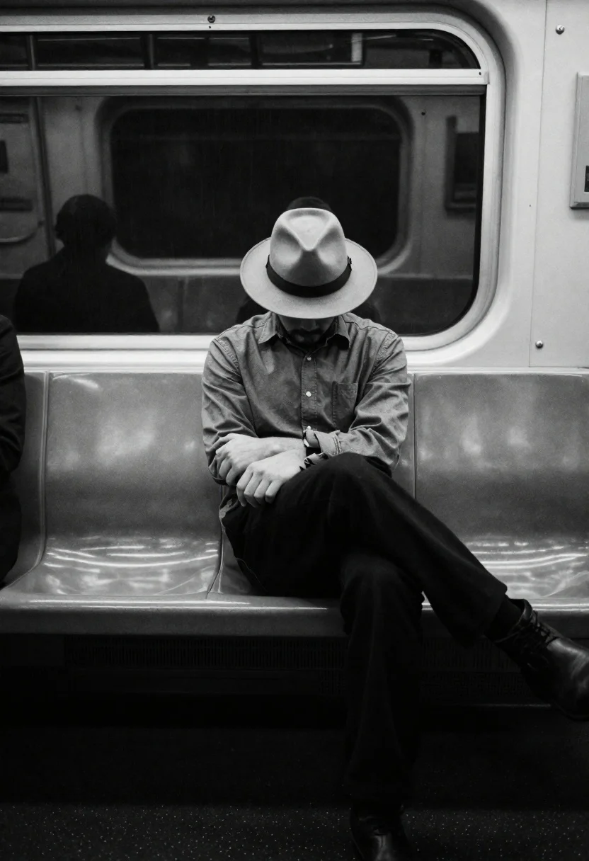 Man sitting alone on a subway seat in black and white - AI generated image prompt sample