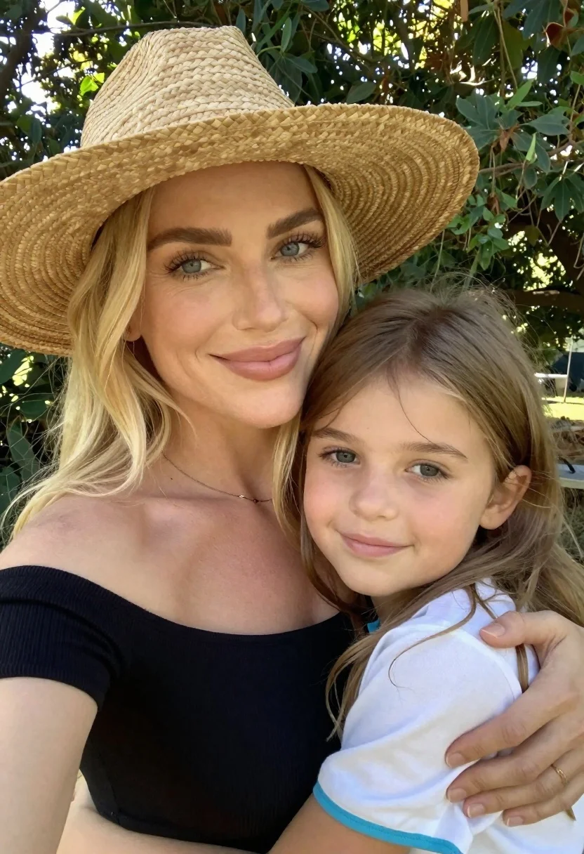Close up selfie of blonde woman hugging young girl outdoors in daylight - AI generated image prompt sample
