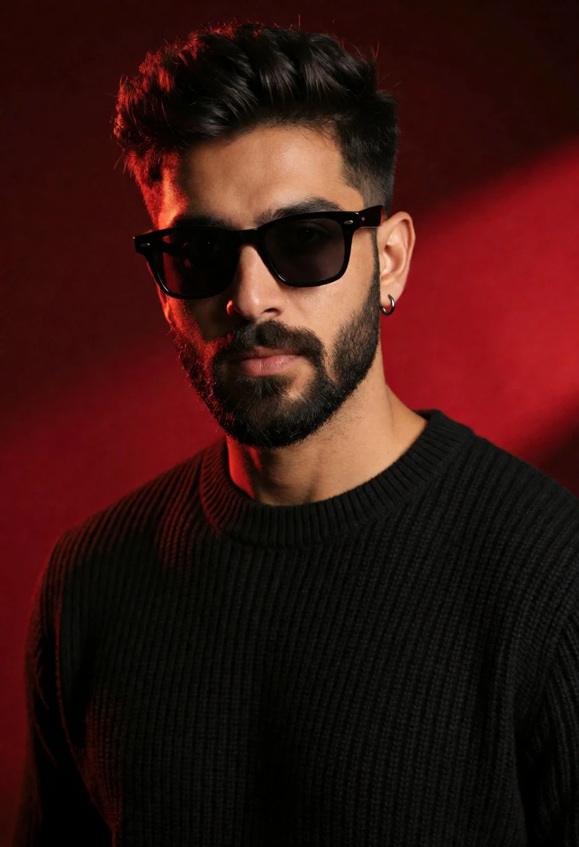 Medium closeup portrait of man in black sweater against deep red background - AI generated image prompt sample