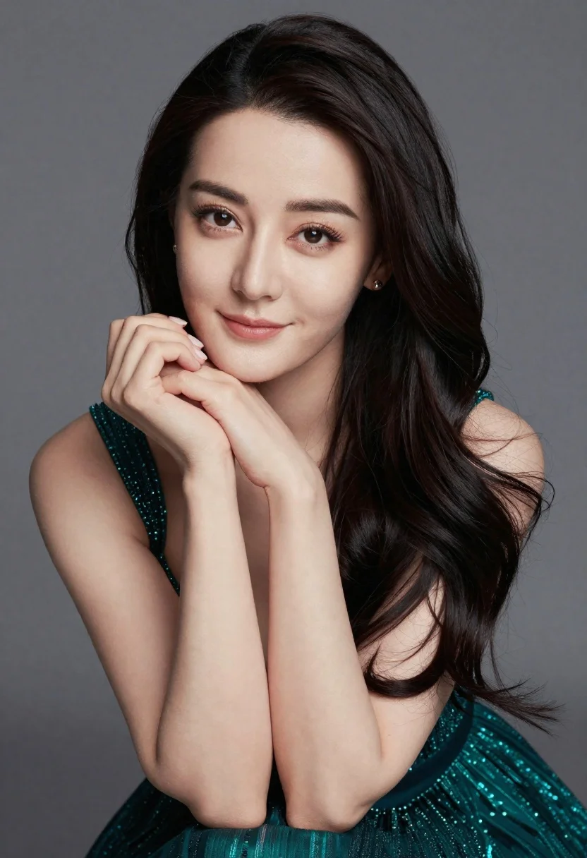 Close up portrait of woman in teal dress resting chin on hands