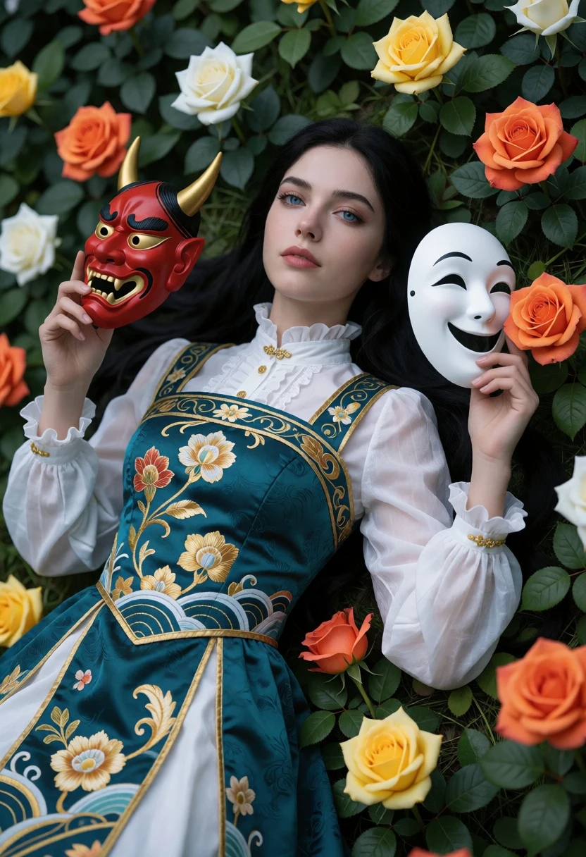 Woman lying in lush foliage surrounded by vibrant roses and ornate teal - AI generated image prompt sample