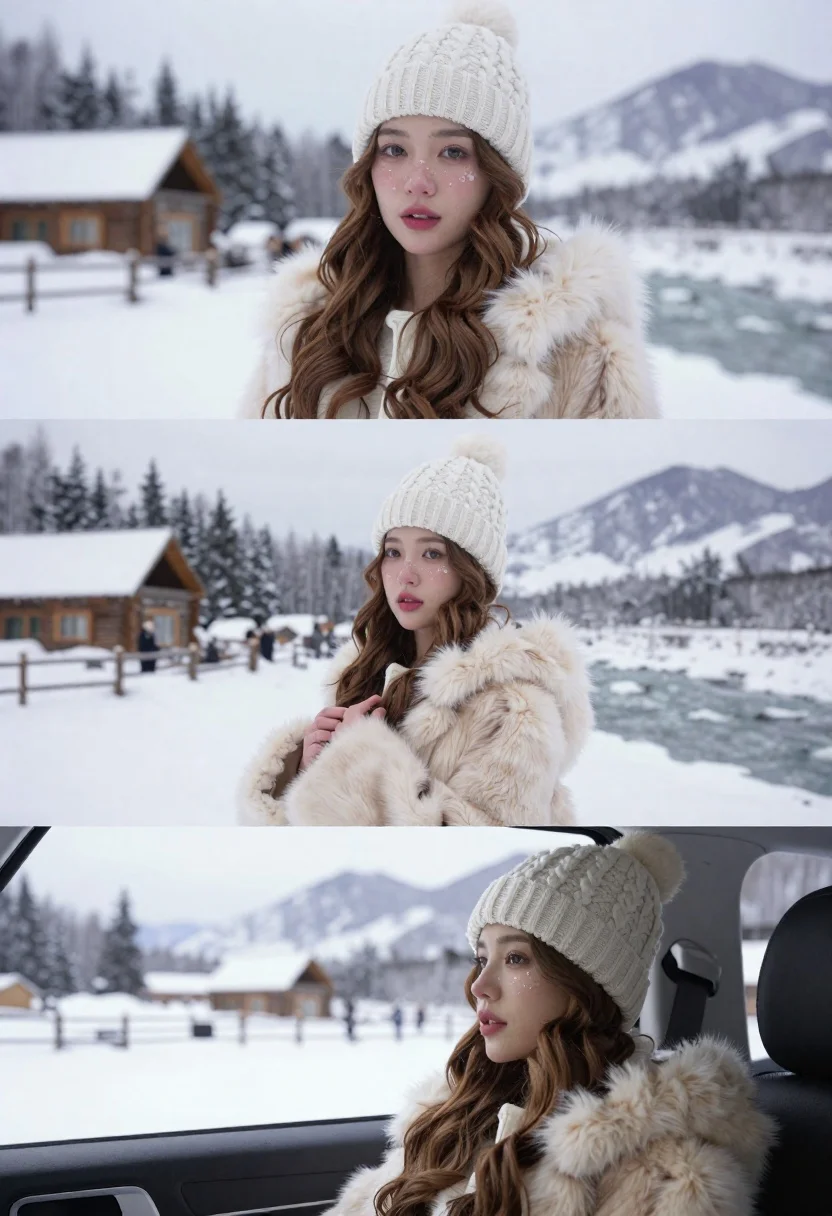 Young woman in cream fur coat against snowy winter landscape portrait - AI generated image prompt sample