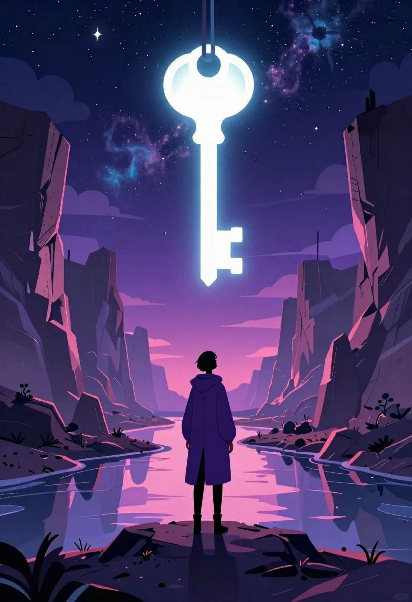 Solitary figure viewing glowing key in alien canyon