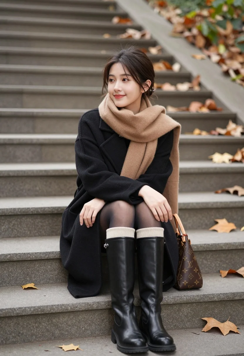 Young woman sitting on stone steps surrounded by autumn leaves and greenery - AI generated image prompt sample