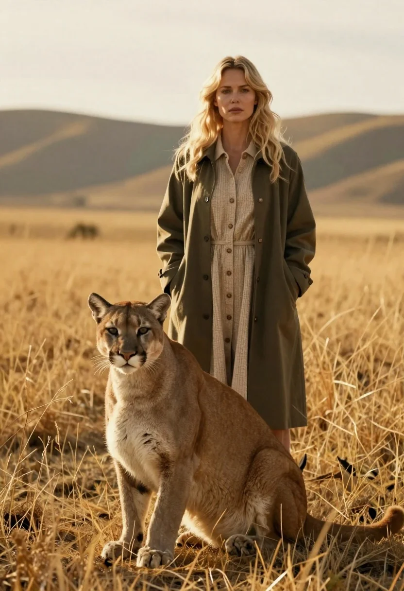 Blonde woman standing by a cougar in golden grassy field at sunset - AI generated image prompt sample