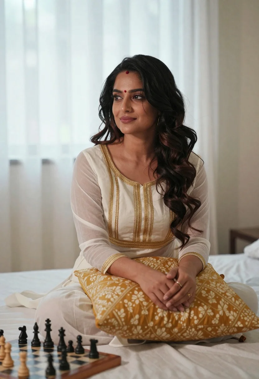 Woman in traditional outfit seated thoughtfully on bed near chessboard