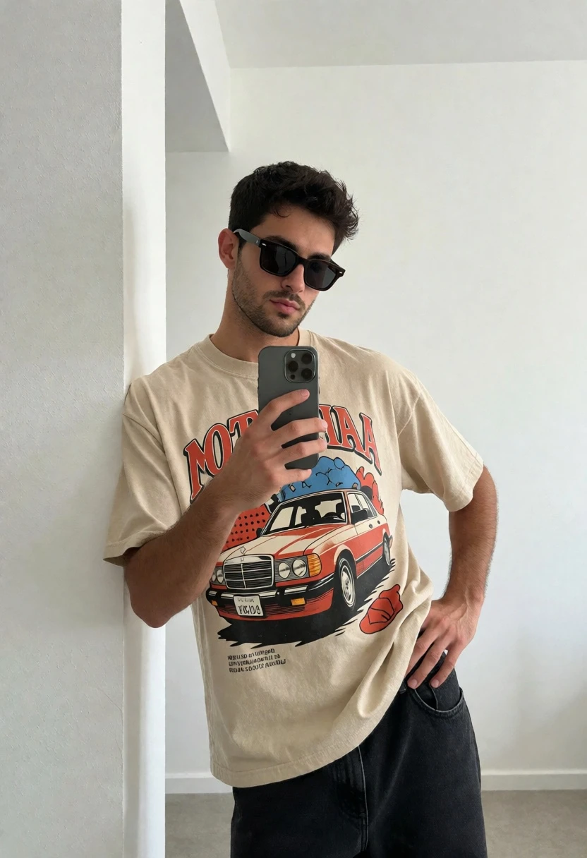 Young man taking mirror selfie in beige graphic tshirt against white wall - AI generated image prompt sample