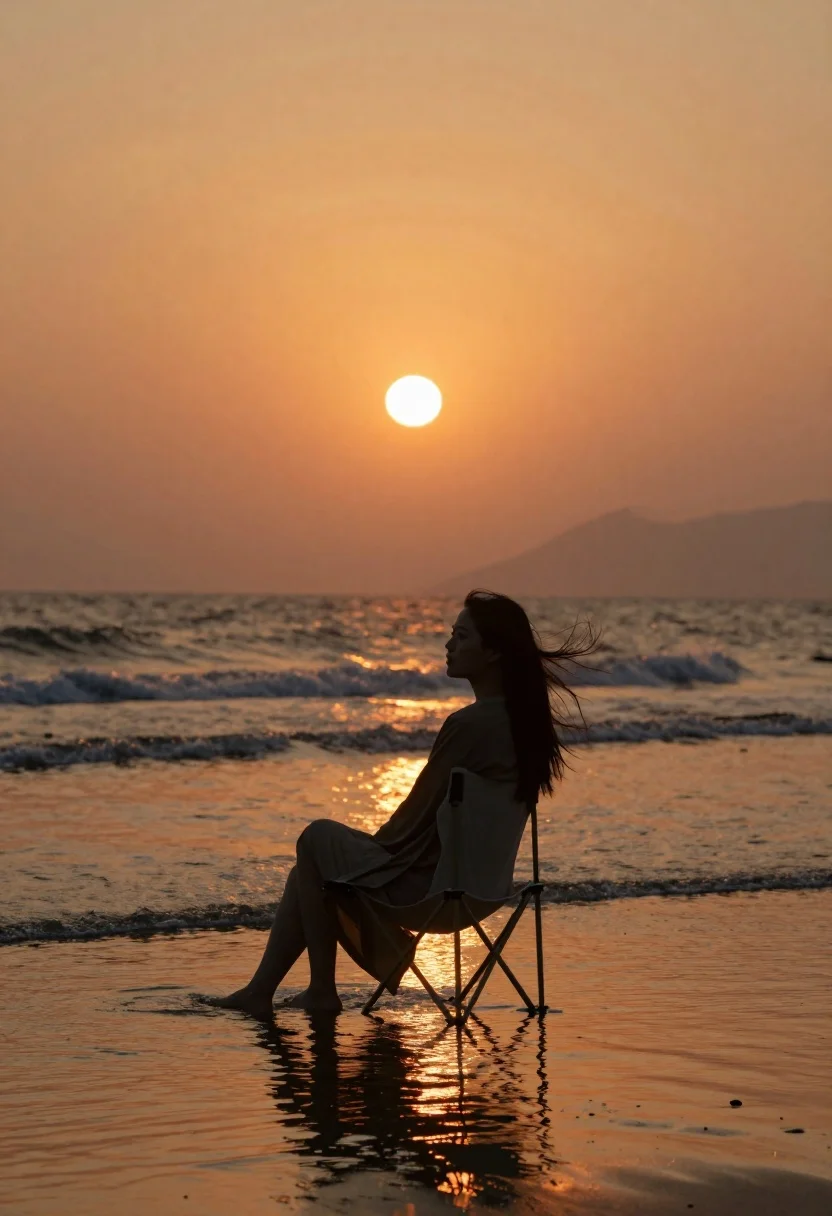 Woman silhouette sitting in shallow ocean water at sunset