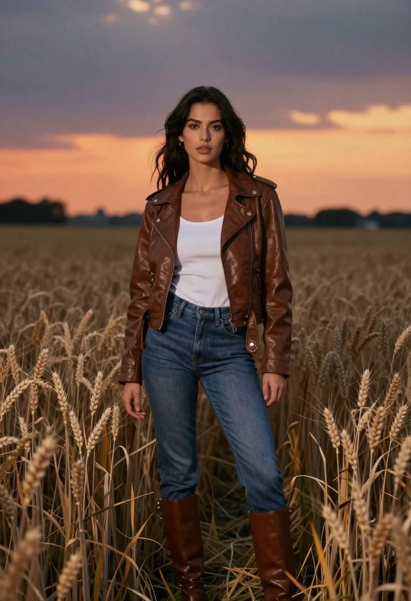 Young woman in leather jacket standing in wheat field at sunset - AI generated image prompt sample